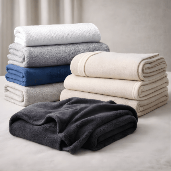 Bulk thermal wool fleece snag-free blankets neatly folded for hotel, hospital and commercial use