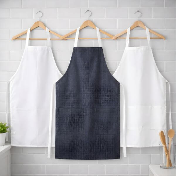 Durable cotton kitchen aprons for restaurant and hospitality staff displayed on hangers in a modern kitchen environment