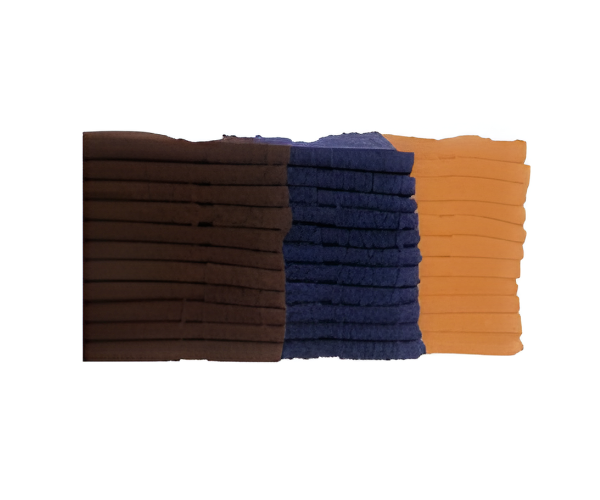 A stack of Manhattan Hosiery Co. 10S Cotton Washcloths (12” x 12”) in dark brown, navy blue, and light orange is arranged side by side against a white background.