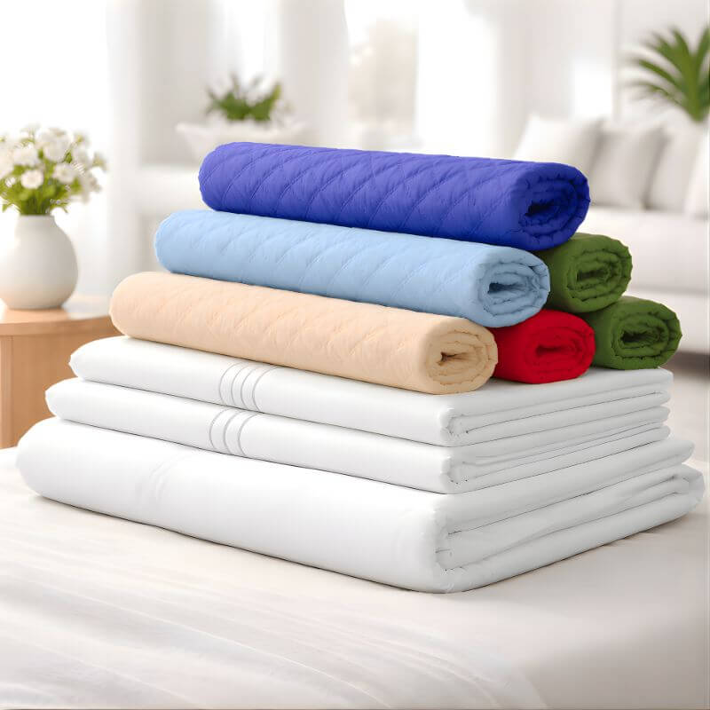 Stack of colorful quilted blankets in blue, light blue, beige, red, and green placed on top of neatly folded white bed sheets in a bright bedroom setting.