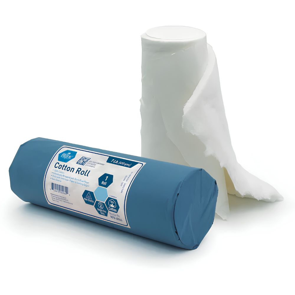 The Shield Line MedPride 100% Cotton Rolls, Individually Wrapped/Cutting Edges (1lb), are shown—one in blue packaging and one partially unrolled—perfect for first aid or wound care.