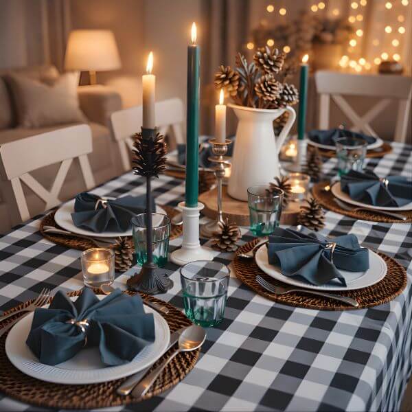 Elegant dining table setup with table linens including dark green cloth napkins, black and white checkered tablecloth, woven placemats, candles, and glassware.”