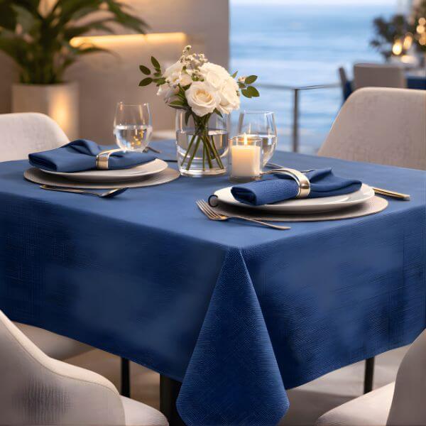 Elegant dining table with blue tablecloth and matching cloth napkins, white plates, glassware, candle centerpiece, and floral arrangement in a modern dining setting.