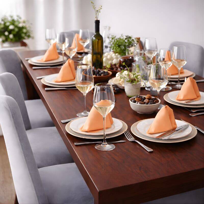 Elegant dining table setup with peach cloth napkins, white dinner plates, wine glasses, and modern table linens on a wooden dining table.