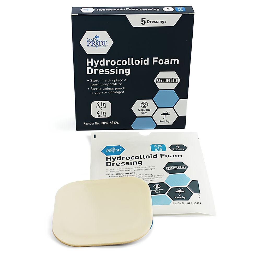 A box labeled Shield Line Medpride Hydrocolloid Foam Dressing 4"x4", Sterile, 5/pack, with five dressings in a sealed packet and one beige foam dressing displayed outside the packaging on a white background.