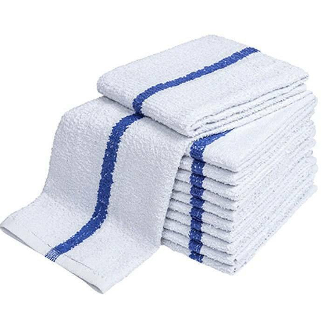 A stack of Ganesh Mills Hand Towels—white terry cloth with a blue center stripe—is neatly folded, one draped to show the stripe. Ideal gym hand towels or for bulk cotton towel needs.