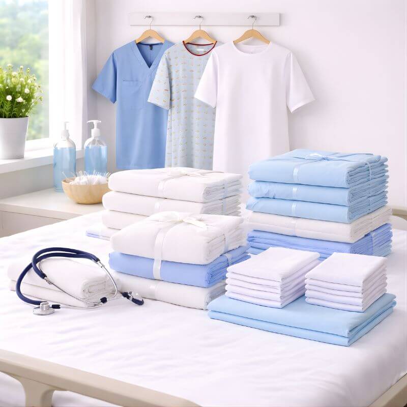 Hospital bed display with neatly stacked white and blue linens, folded sheets, towels, washcloths and scrub suits on hangers in a clean healthcare room setting.