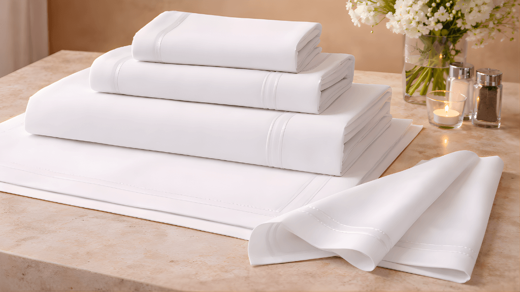White table linens and napkins for hospitality and restaurant supply