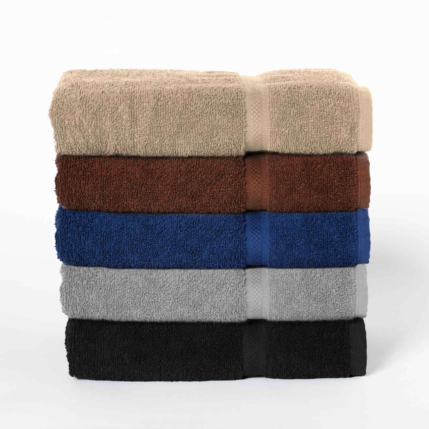 A stack of six WestPoint Home Martex Colors Dobby Towels in beige, brown, blue, gray, and black rests against a white background. These bleach-friendly towels combine durability with vibrant style.