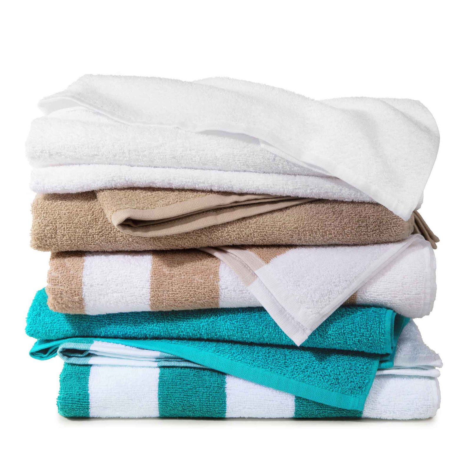 A neatly stacked pile of WestPoint Home Pool Towels - Martex White Cam is shown against a white background, highlighting their quality and classic style.