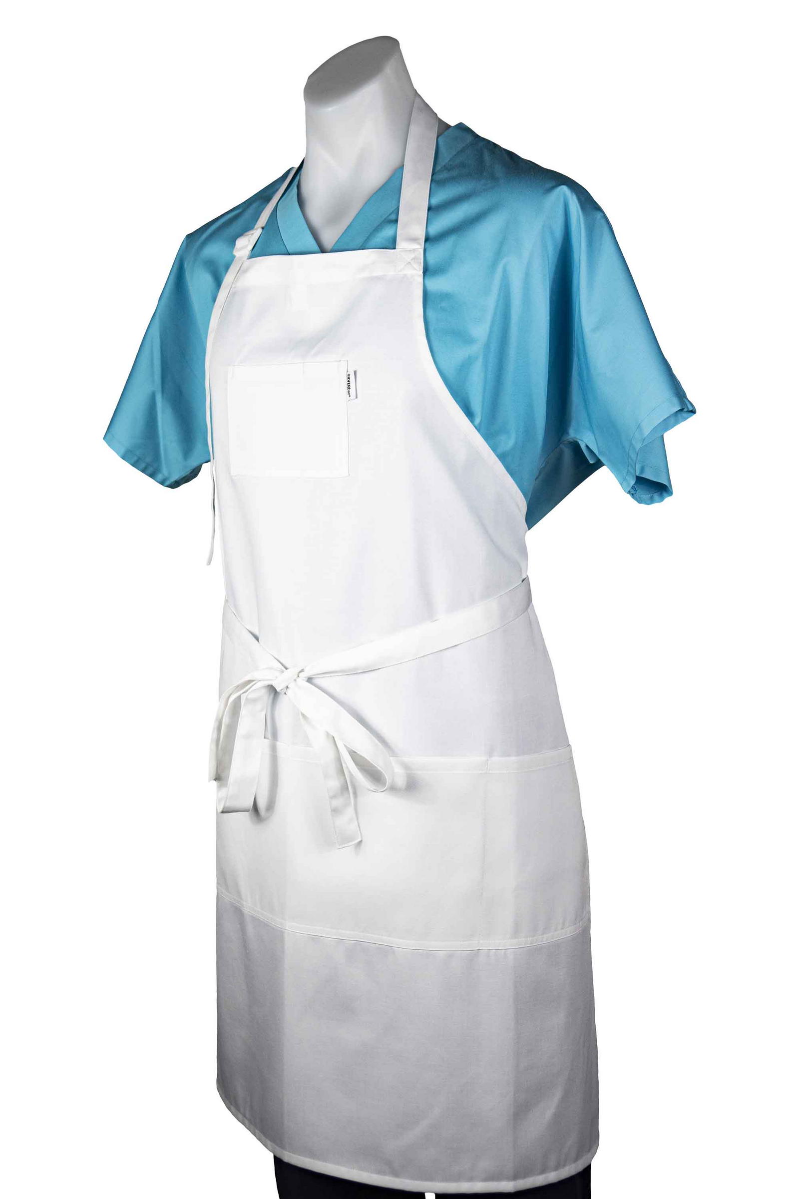A mannequin wears Martex Health Lab Coats by WestPoint Home in light blue with an antimicrobial apron featuring a front pocket, waist tie, and SILVERbac technology, shown waist up against a plain background.