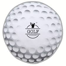 A close-up of the Pro Towels Golf Ball Shaped Sport Towel (20″ x 20″), featuring a dimpled white golf ball with a swinging golfer above GOLF and TOURNAMENT, ideal for any golf enthusiast.