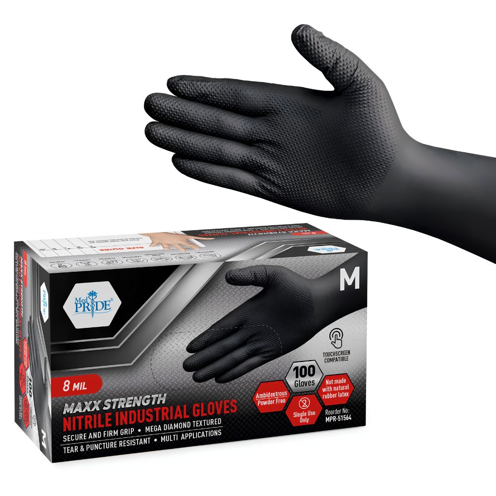 A black nitrile glove is displayed above a Shield Line MedPride Maxx Strength Nitrile Industrial Black Gloves box (8 mil, 100 count, size M). The box highlights grip, tear resistance, and heavy-duty multi-purpose protection.