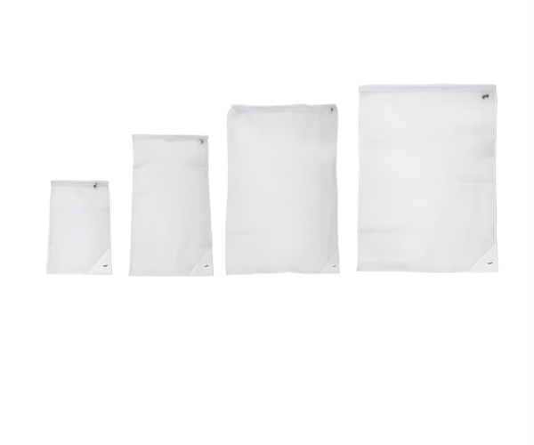 Four KSE Heavy Duty Mesh Laundry Bags with drawcords and ID tags are arranged by size on a white background. Each washable bag features a secure drawstring closure.