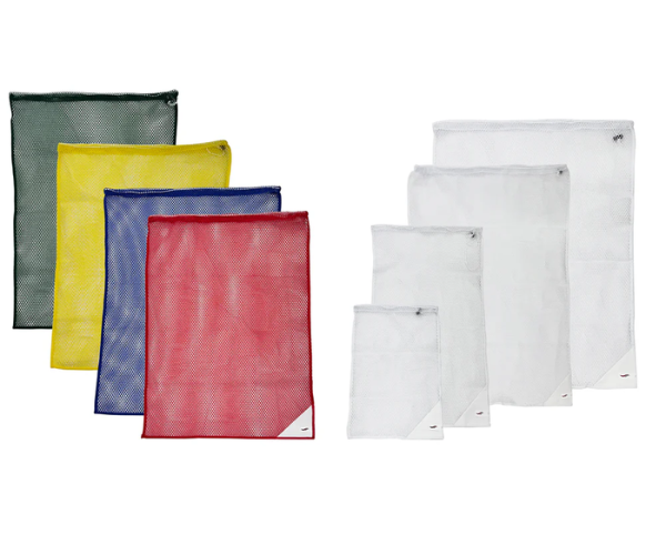 On the left, six KSE Heavy Duty Mesh Laundry Bags with Drawcord & ID Tag in assorted colors (green, yellow, blue, red); on the right, five washable laundry bags in various sizes—all upright against a white background.