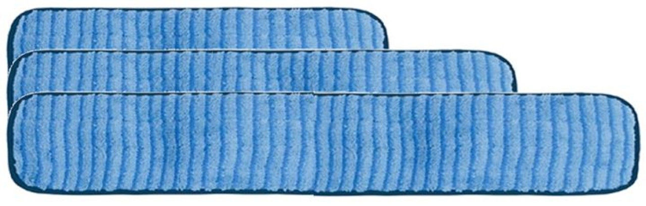 Three KSE Microfiber Scrubber Mop Pads - Piped Edge are stacked in a staggered arrangement against a white background, featuring blue, ribbed surfaces—perfect for commercial cleaning or bulk wholesale use.