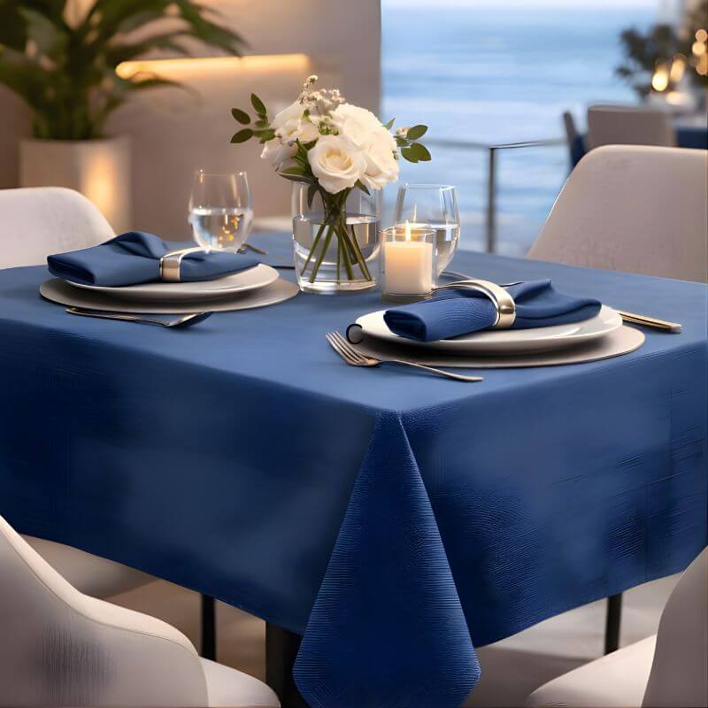 Formal dining table setup featuring a navy blue tablecloth with matching folded napkins, white plates, wine glasses, candle, and floral centerpiece in an elegant seaside restaurant setting.