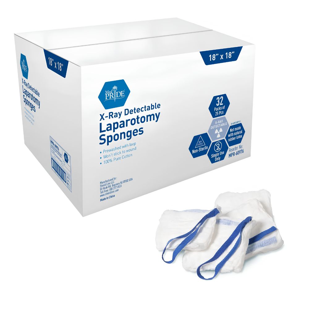 A white box labeled Shield Line MedPride Laparotomy Sponge, Prewashed - Non Sterile - X Ray Det 18"x18" is shown with three white sponges featuring blue detection strips and loops, essential for surgical procedures.
