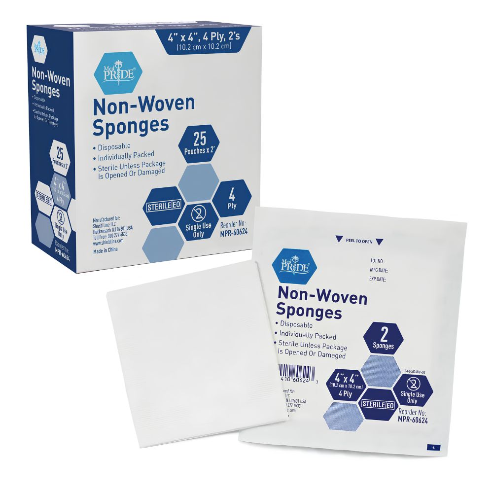 A box and packet of Shield Line MedPride Sterile Non-Woven Surgical Sponges, 4"x4", 4-ply, with 25 pouches of 2 dressings each. One white sponge is shown outside. Packaging notes they are sterile and disposable for wound care.