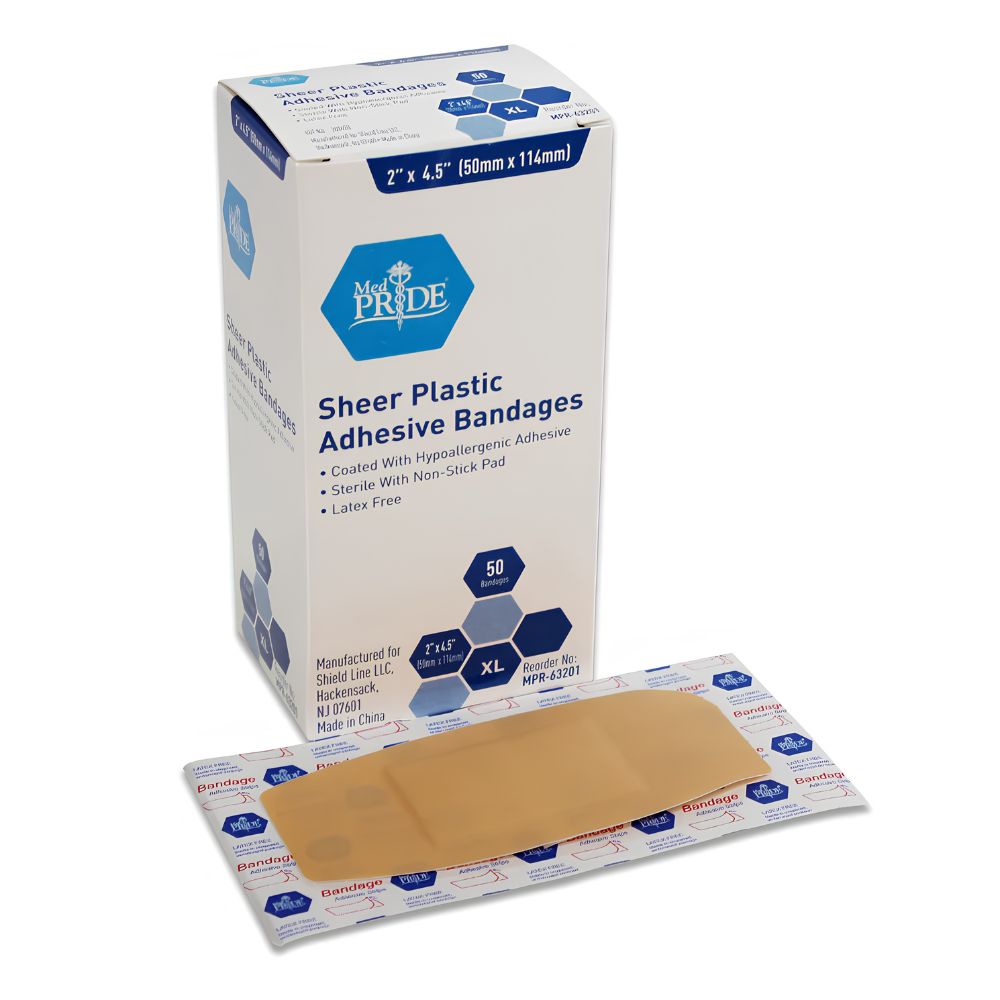 A box labeled Shield Line MedPride Sterile Plastic Adhesive Bandages, Plastic XL - 2" x 4.5", with one extra-large bandage and its wrapper in front. The box states 50 count, sterile, latex-free—ideal for wound protection.