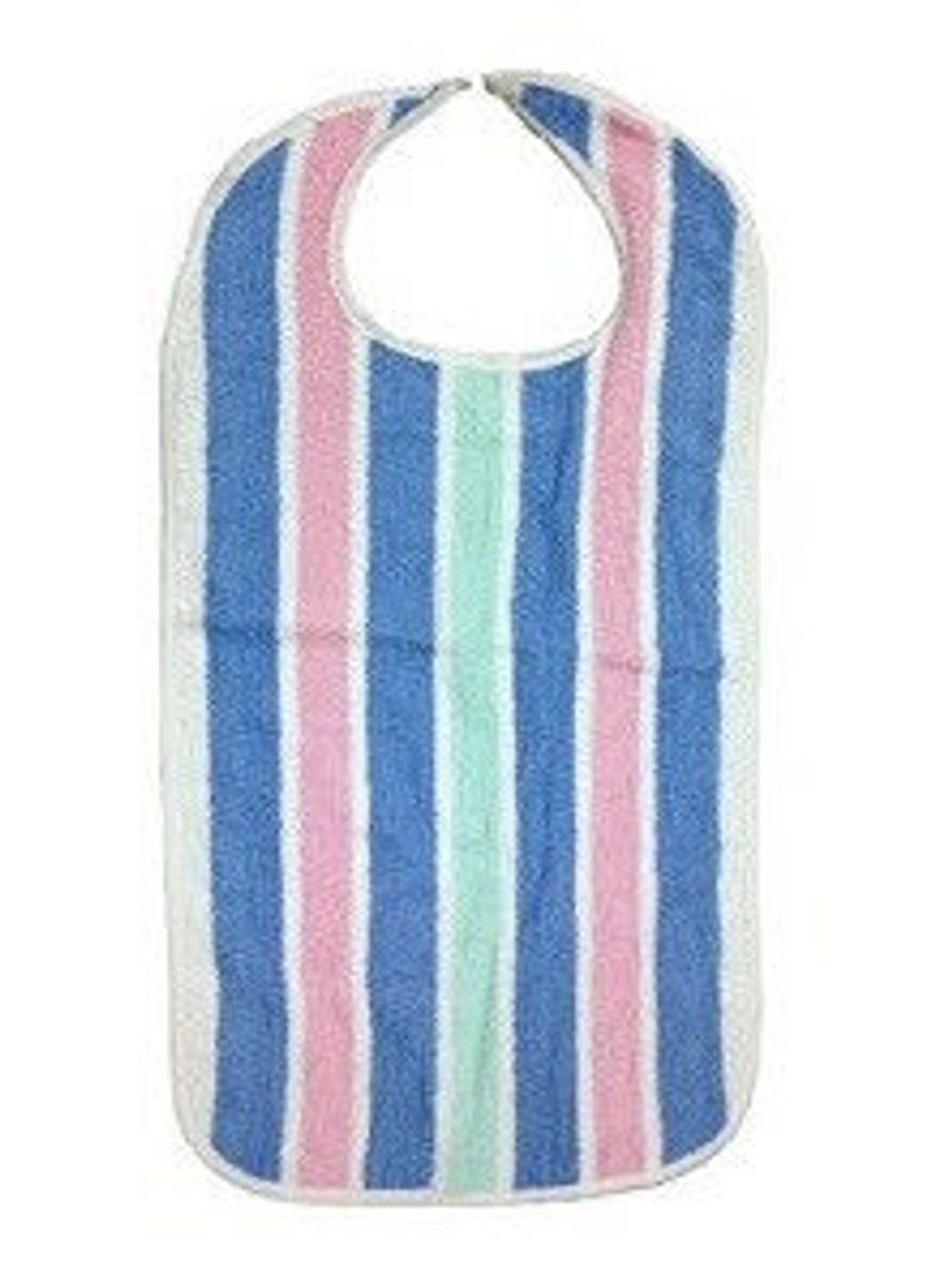 The Intralin Premium Adult Terry Bibs feature a rounded neck, easy top clasp, and a vertical striped design in blue, pink, white, and light green to protect garments in style.
