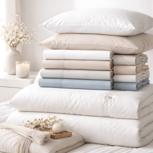 Soft white bed sheets and bedding set neatly arranged on modern bedroom mattress