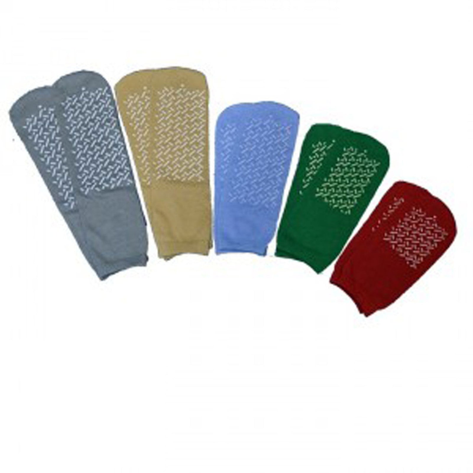 Five KSE Single-Tread Slipper Socks in gray, tan, blue, green, and red are fanned out, each with white non-slip grip patterns on the soles.