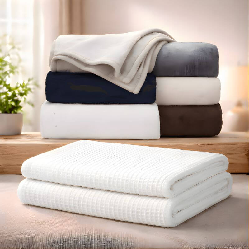 Stack of soft fleece and waffle weave blankets in neutral colors including white, gray, navy, and brown displayed on a wooden table in a cozy indoor setting.