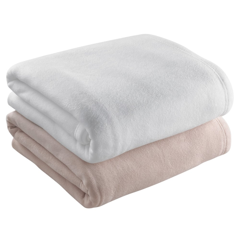 Two neatly folded Martex Super Fleece Blankets by WestPoint Home are stacked on a white background, with a white blanket on top of a light beige one.