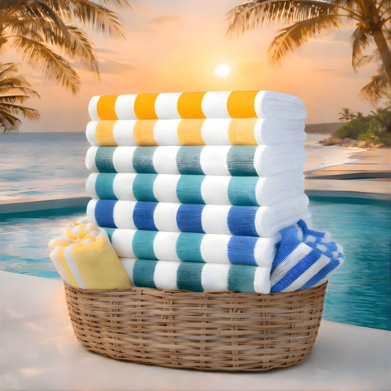 Stack of colorful striped cabana beach towels in yellow, teal, and blue displayed in a wicker basket beside a tropical swimming pool at sunset.