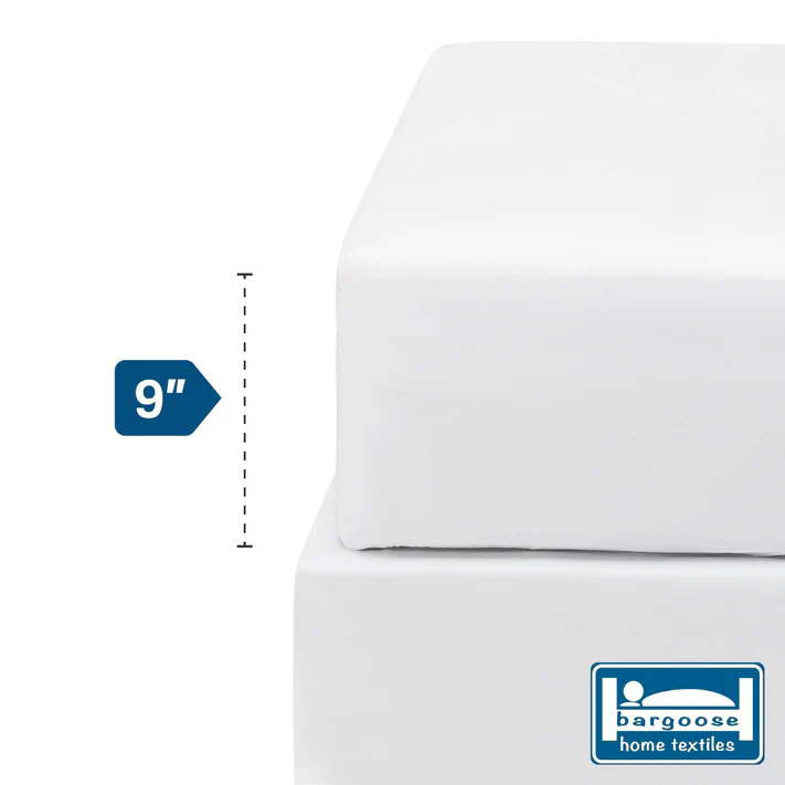 The Bargoose 6 Gauge Vinyl Fitted Waterproof Mattress Cover fits mattresses up to 9 deep, features the Bargoose logo, and protects your bed from spills and dust.