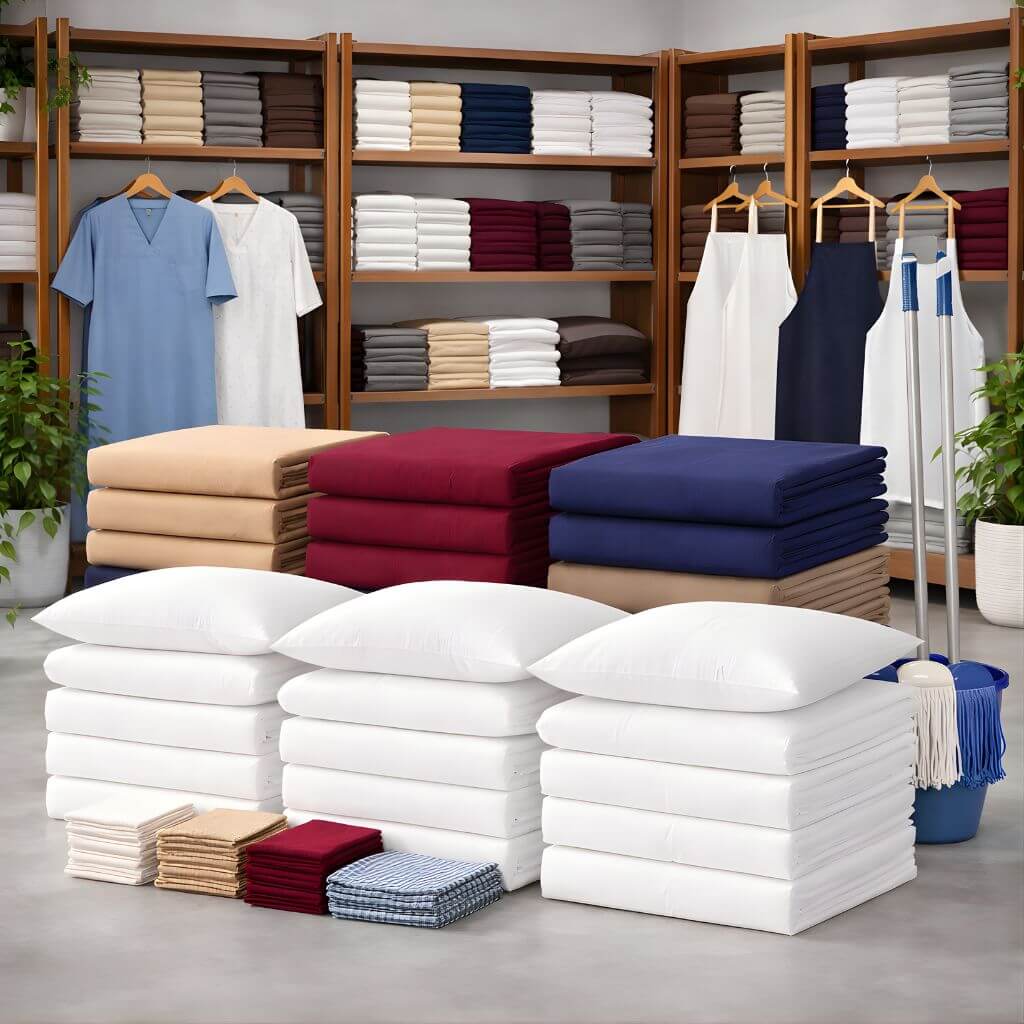 Bulk linen supplies warehouse display with stacked pillows, folded bed sheets, colored linens, napkins, placemats, mop cleaning tools, scrub suits and aprons on hangers with organized wooden shelves in the background.