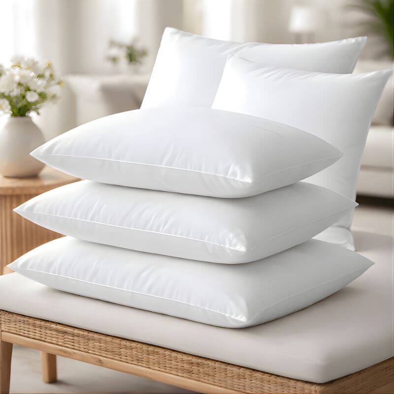 Stack of soft white hotel-quality bed pillows neatly arranged on a cushioned bench in a bright modern bedroom setting.