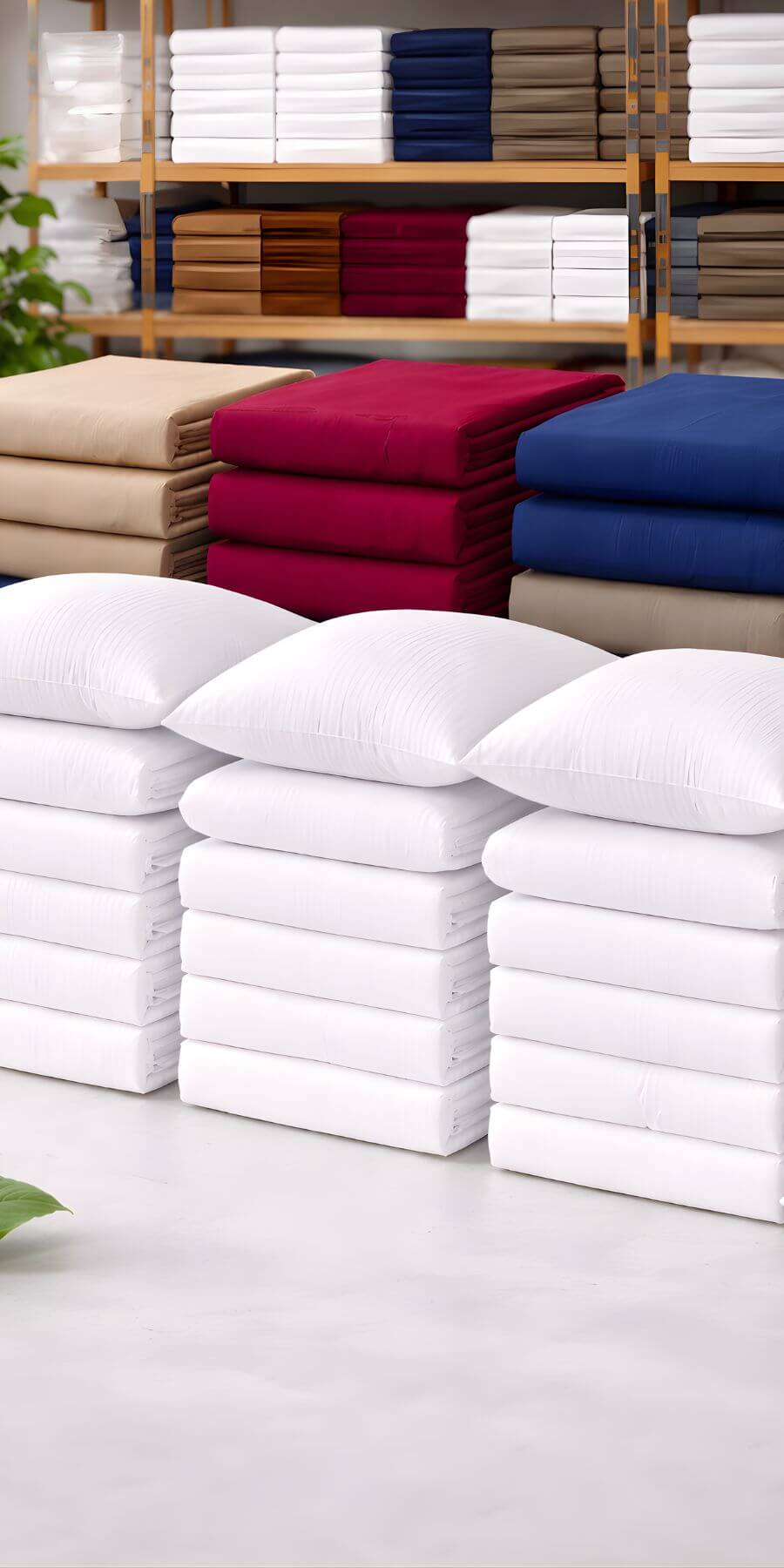 Bulk linen supply display featuring stacks of hotel bed sheets, pillows, and assorted bedding linens in a wholesale showroom environment.
