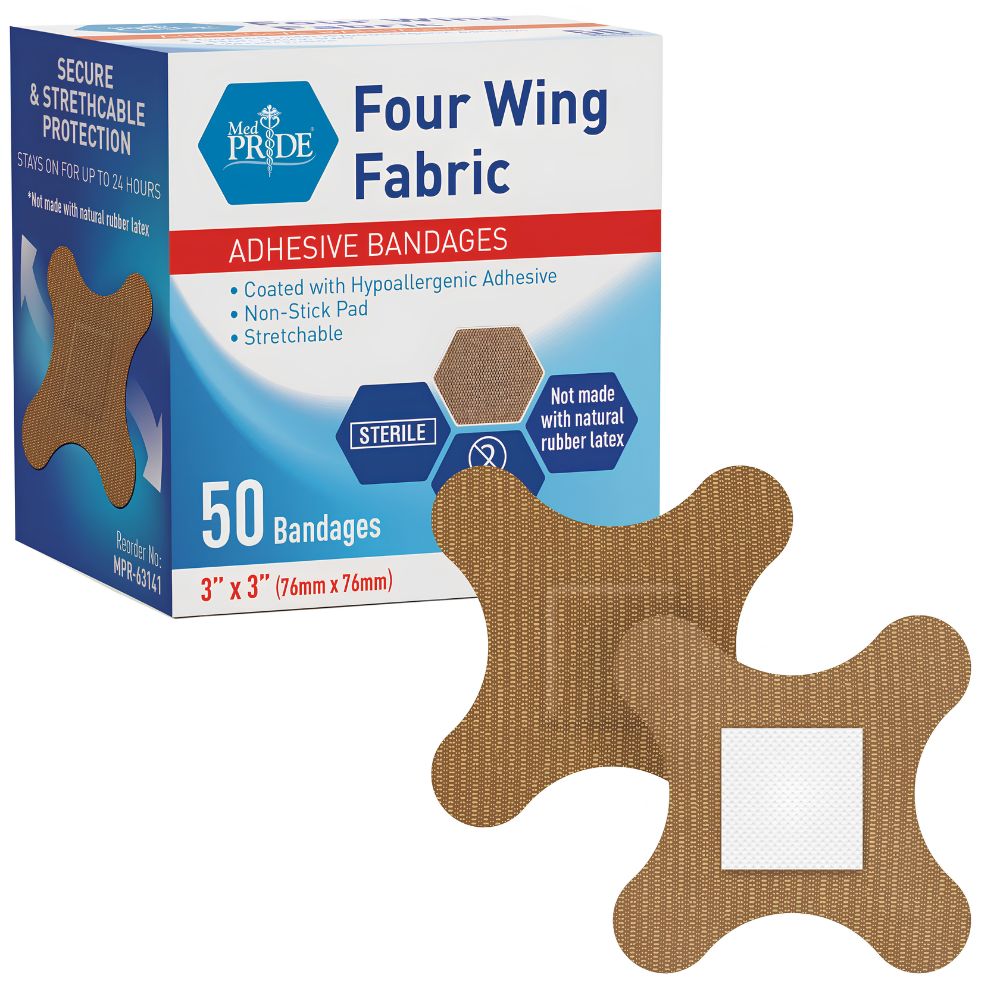 A box of Shield Line MedPride Sterile Four Wing Fabric Adhesive Bandage, 3" x 3", contains 50 large tan bandages with a white center pad for dependable wound protection.