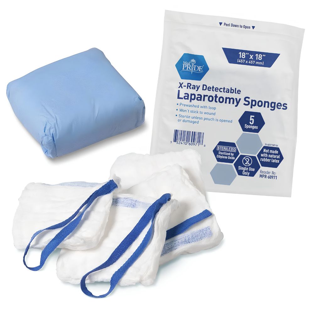 The Shield Line MedPride Laparotomy Sponge, Prewashed - Sterile - X Ray Det 18"x18", comes in a package with three blue-looped, x-ray detectable surgical sponges and a folded blue cloth, ideal for operating room use.