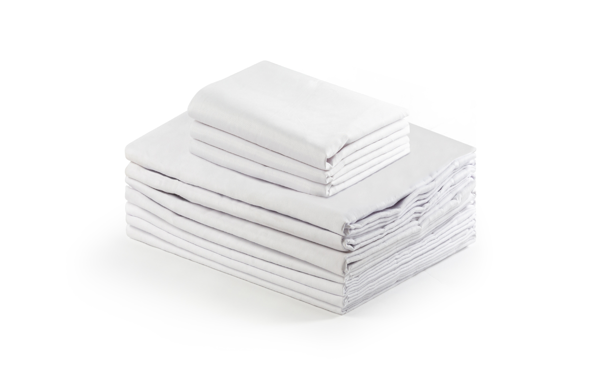 A neatly stacked set of KSE Fitted Sheets - Super Collection T-250 and matching pillowcases arranged in two piles on a white background, evoking the look of luxury hotel bedding.