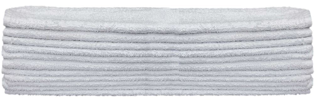 A side view of eight neatly stacked KSE Bar Mops - White Ribbed / Terry, arranged against a plain background.