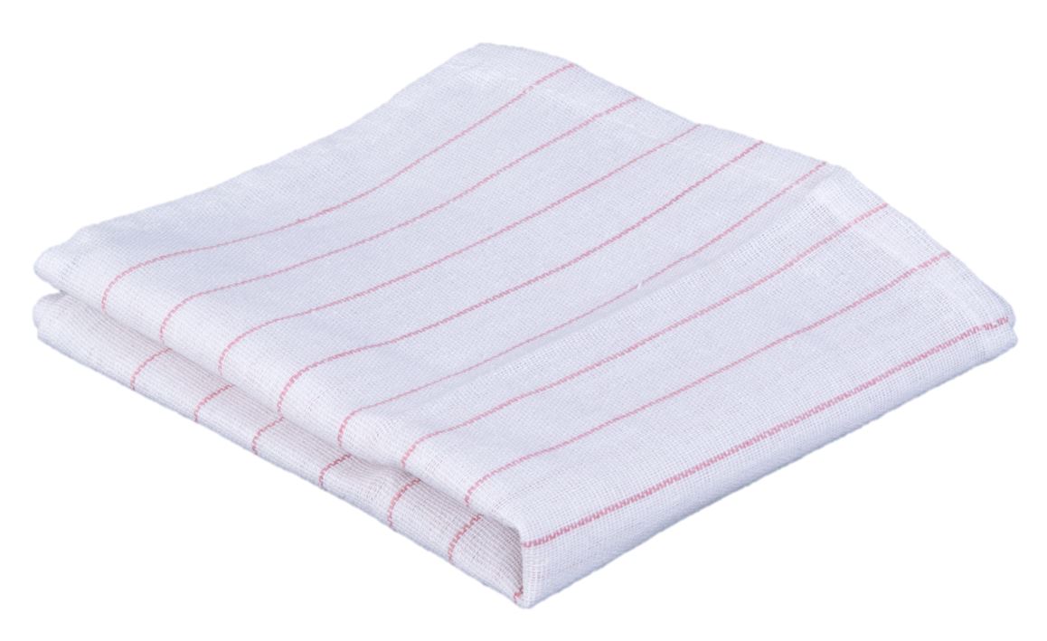 A neatly folded KSE Glass Towel, made of white cotton with thin red stripes running lengthwise, is placed on a plain background.