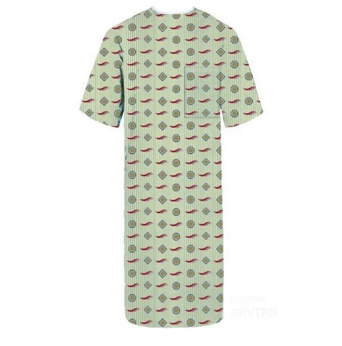 The KSE IV Gowns w/ Telemetry Pockets have short sleeves, a mint green color, and red and gray geometric shapes in rows. Convenient telemetry pockets are included. The gown is shown against a plain white background.