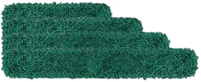A green, textured rectangular mat with three staggered steps on the right side, resembling the KSE Microfiber String Dust Mop Pads - Velcro Style, designed for excellent dust-trapping performance.