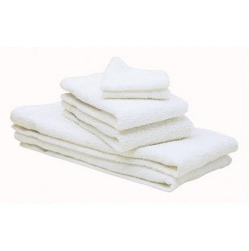 A stack of KSE Hand Towel - Basic Economy 10 Single Towels, neatly folded and arranged on a plain surface against a light background.