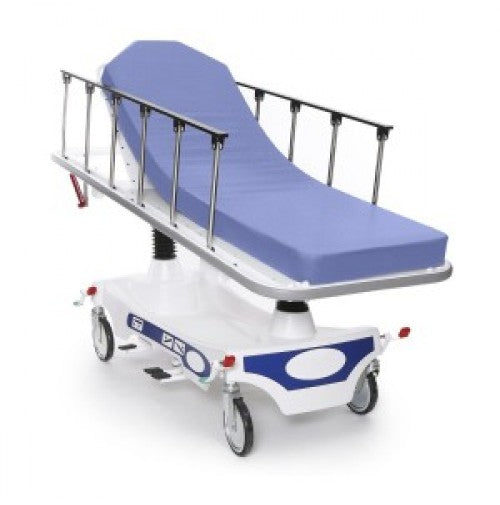 The KSE Knitted Stretcher Sheets are fitted sheets designed for hospital stretchers with adjustable side rails and blue mattresses, providing a secure fit for patient transport in medical settings.
